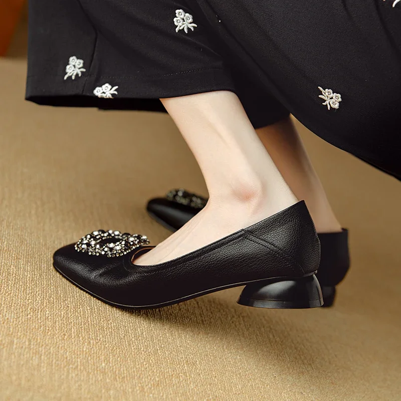 Туфли-лодочки женские на низком каблуке роскошные мягкая кожа удобная обувь для