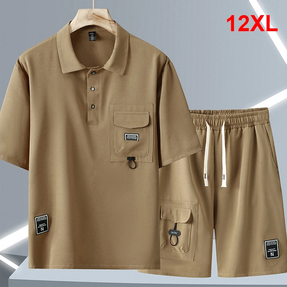 Фото Летние спортивные костюмы для мужчин, большие размеры 11XL 12XL, летние комплекты, повседневные модные рубашки поло, шорты, костюмы, мужские костюмы, большой размер 12XL №1