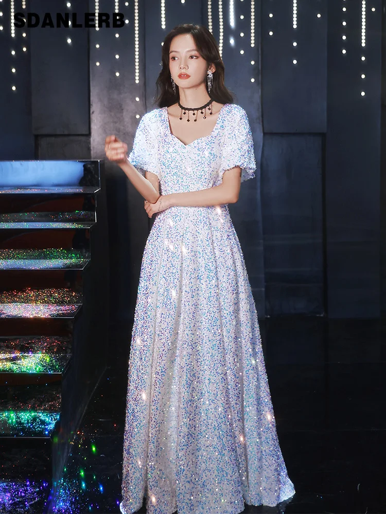 

Sequined Evening Maxi Dress Women Short Sleeve 2022 Summer V-neck Slimming Formal Long Dress Annual Party Banquet Clothing