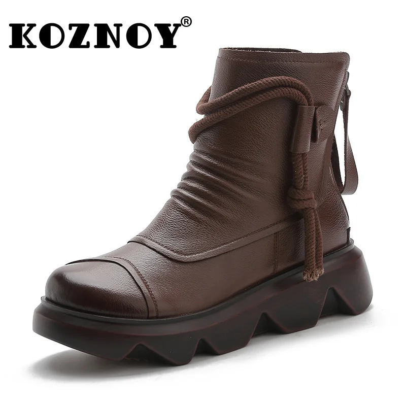 

Koznoy 5cm Vintage Platform Wedge Genuine Leather Spring Autumn Winter Mid Calf Boots Fashion Woman Zipper Plush Keep Warm Shoes