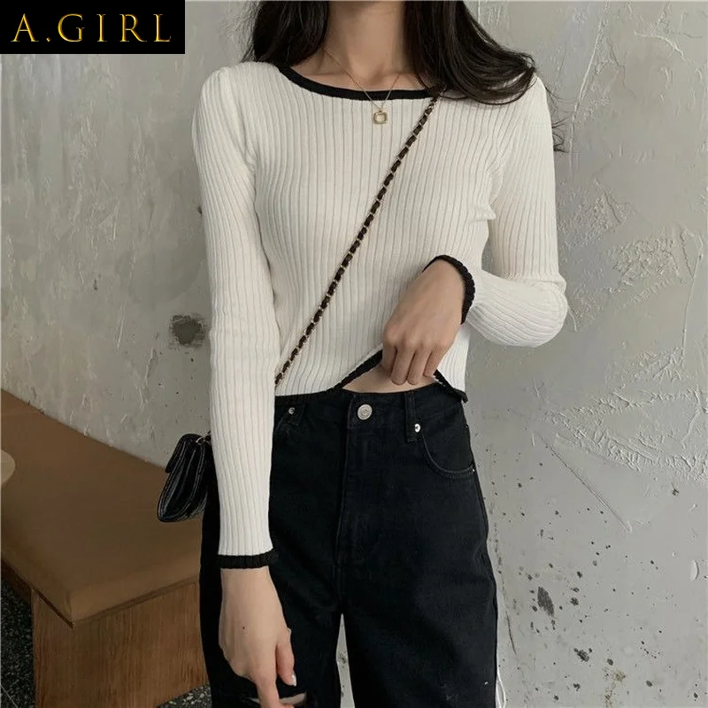 

T-shirts Women Spring Autumn Long Sleeve Warm Knitting O-neck Clothing Vintage Skinny Crop Solid Colors Teens Students Simple