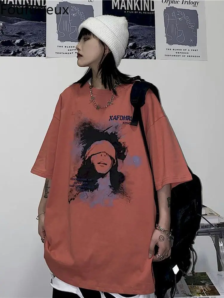 

Foufurieux Gothic Clothes Loose T Shirts Harajuku Style Print Anime Tshirt Streetwear Female Short Sleeve Woman T-shirt Clothes
