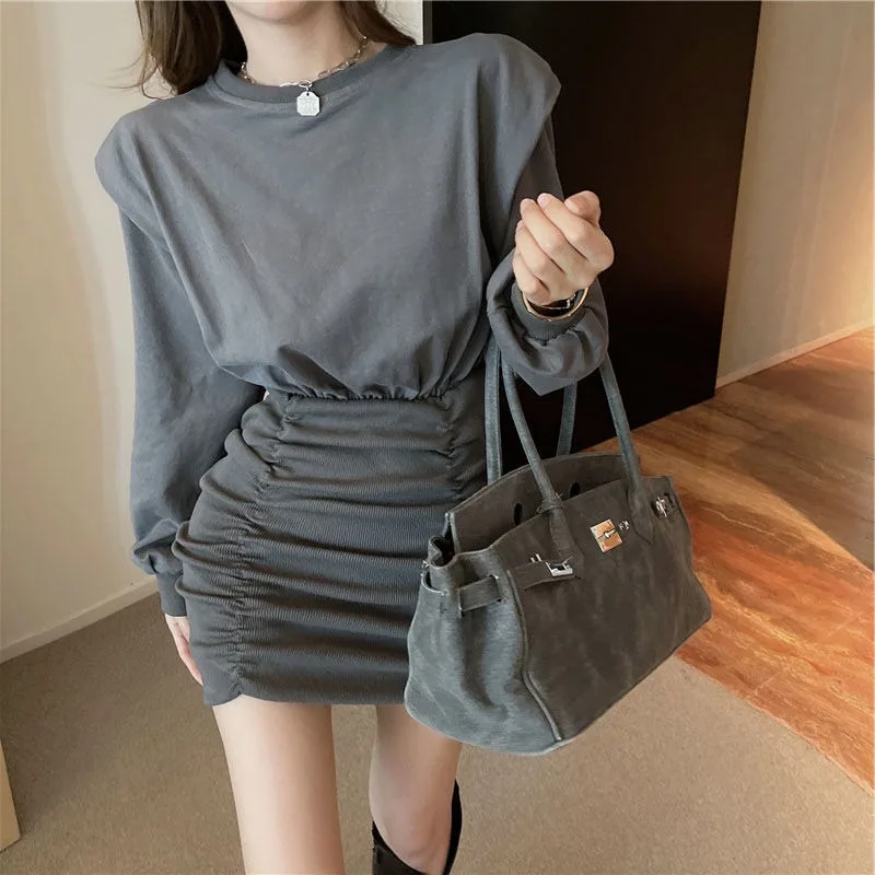 

Autumn Long Sleeve Round Neck Solid Dress Spicy Girl Slim Fit Waist Casual Sexy Style Temperament Wrapped Hip Dresses