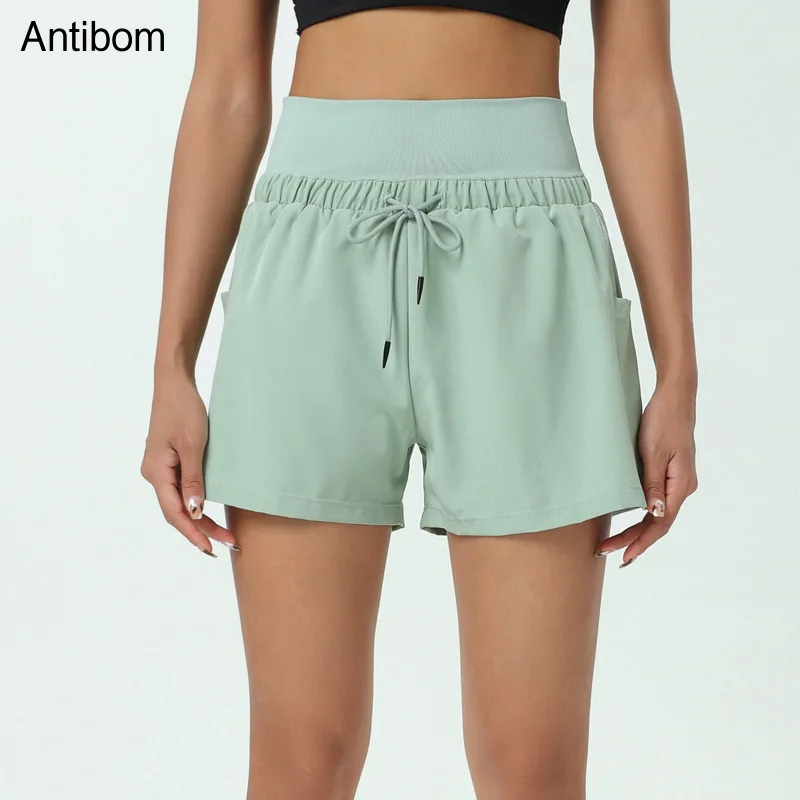 Antibom 2 In 1 Yoga Shorts Women's High Waist Pocket Fitness Running Sportswear Female Loose Quick-drying Anti-glare Summer