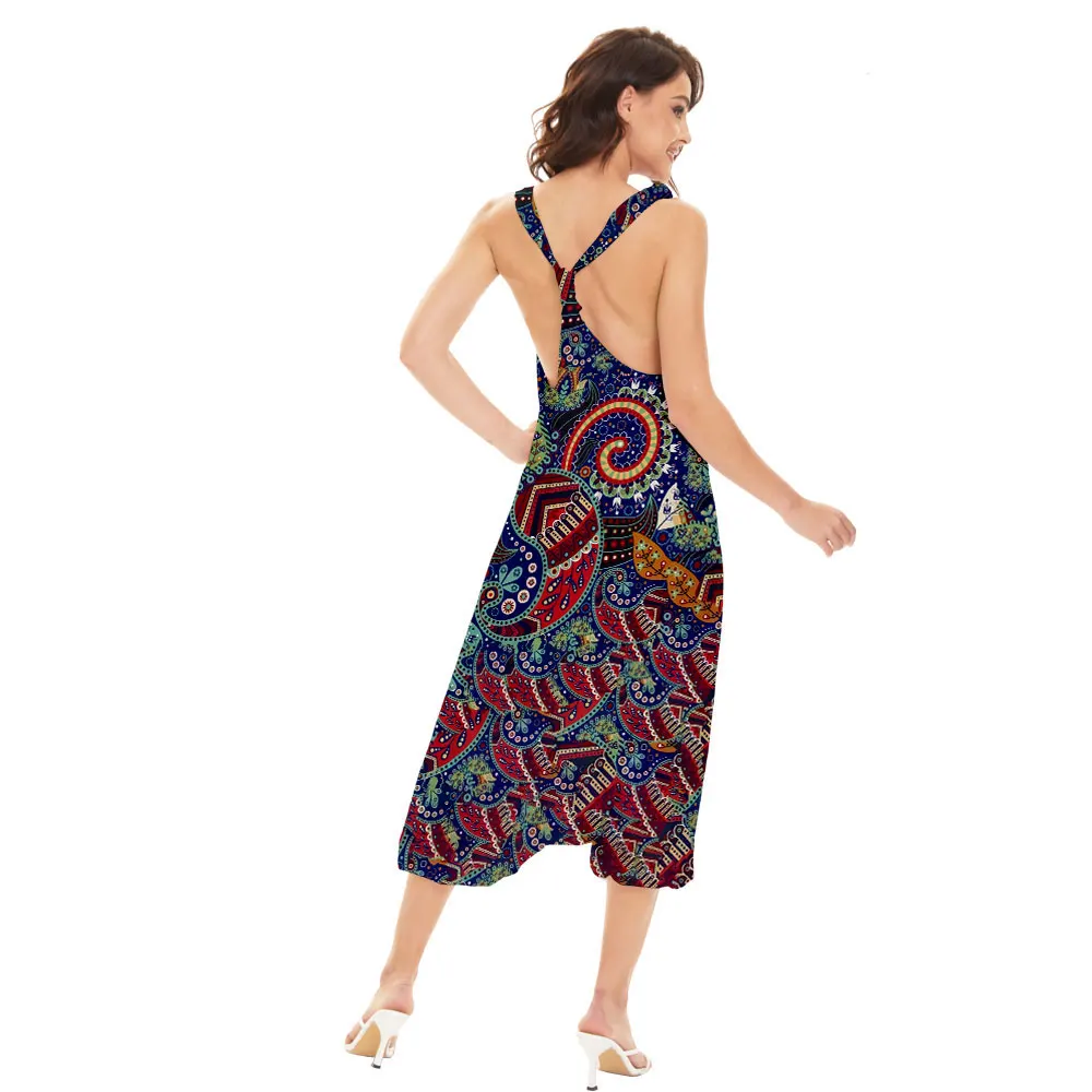

2022 Sexy Exotic Print Women Casual Plus Size Backless Summer spaghetti Straight Jumpsuit Sports Pants