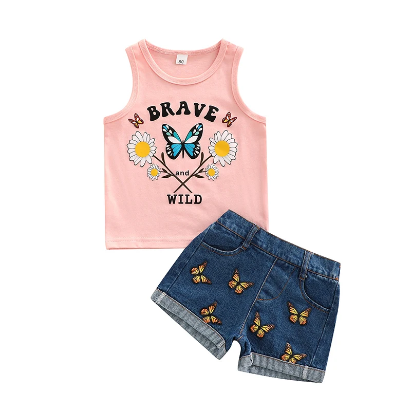 

Костюм для девочек из 2 предметов, жилет с круглым вырезом и принтом букв бабочек и маргариток + джинсовые шорты для лета, искусственная кожа