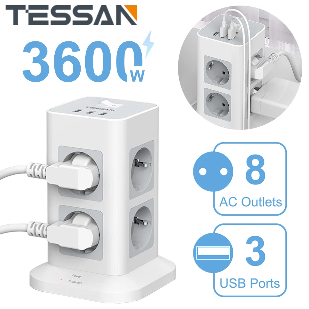 

TESSAN EU Multiple Socket Power Strip with 3/8 AC Outlets 3 USB Ports & On/Off Switch, Socket Tower with 1.5m/2m Extension Cord