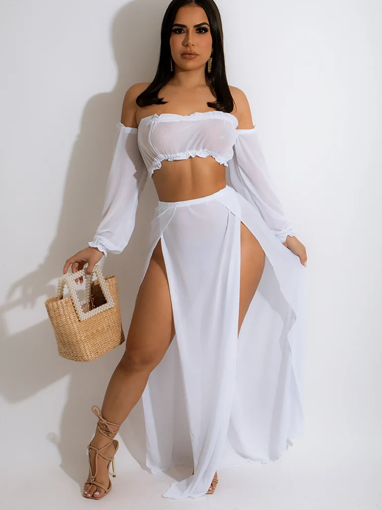 

Sets Outifits 2023 New Sexy Mesh Wrap Chest Patchwork Top&high Slit Skirt Set Conjunto De Dos Piezas De Moda Para Mujer