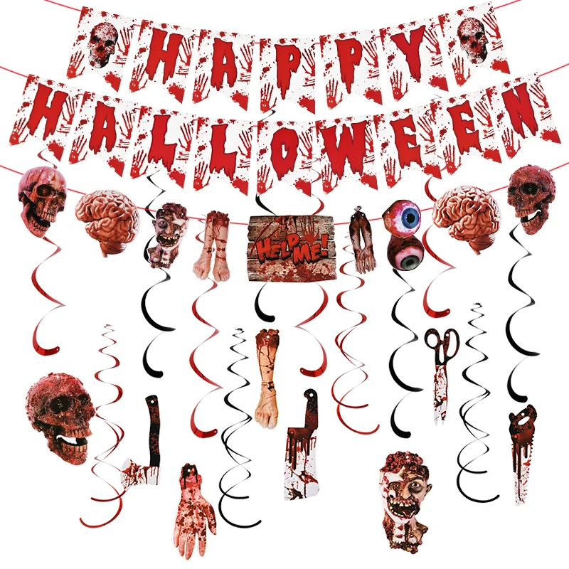 Баннер на Хэллоуин Кровавая рука нога череп скелет бумажный баннер пила Череп