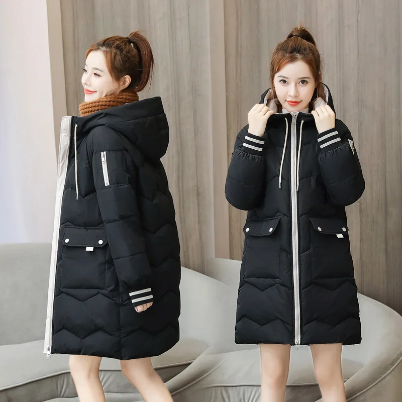 Winter Women Coat Mid-length Hooded Cotton Padded Parkas 4XL Warm Thicken Casual Overcoat Loose Snow Wear Solid Outwear Jacket