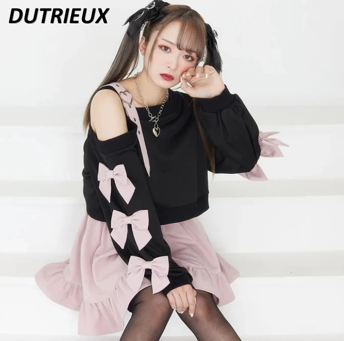 

Japanese Lolita Kawaii Sweet Bow Sweatshirt Coat for Women's Mine Heart Buckle Off-Shoulder Top Autumn New Student Hoodie Coats