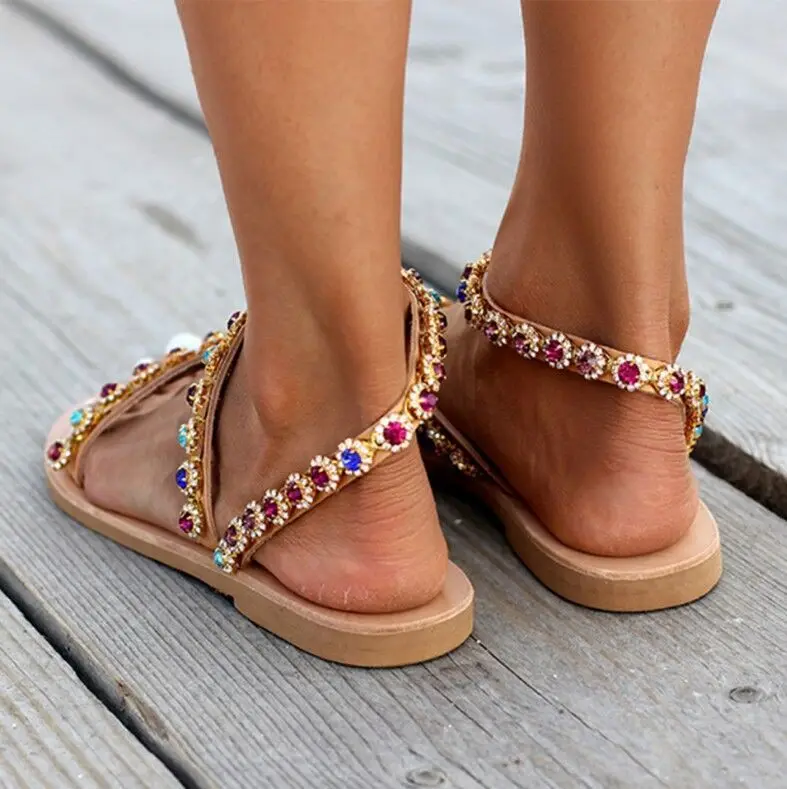 Summer Sandals for Woman Flat Bottom Flower Toe Sandals Colorful Diamond Beach Women's Shoes 35-43 Large Size sandalias mujer