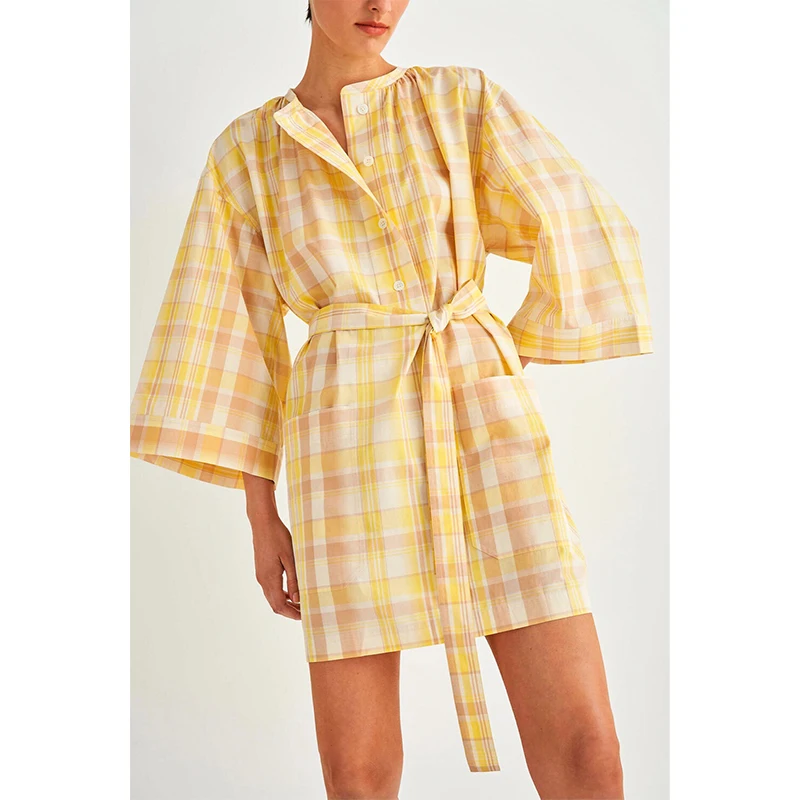 Women New Round Neck Open Button Lace Up Waist Yellow Plaid Dress Loose Casual Dress