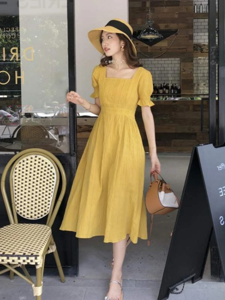 

2023 Summer Retro Square Neck Fairy Long Dress Sweet and Slim Comfortable Casual Elegant and Elegant Mid Length Dress for Women
