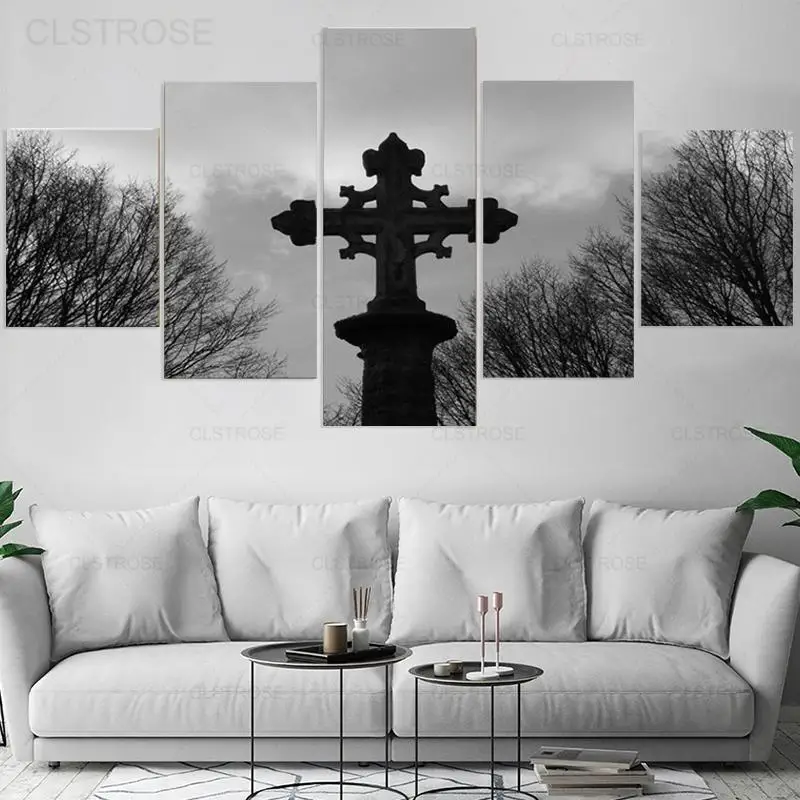 

Religious Cross Black White Canvas Painting Bedroom Vintage Wall Art Poster 5 Pieces Modular Pictures for Living Room Decor