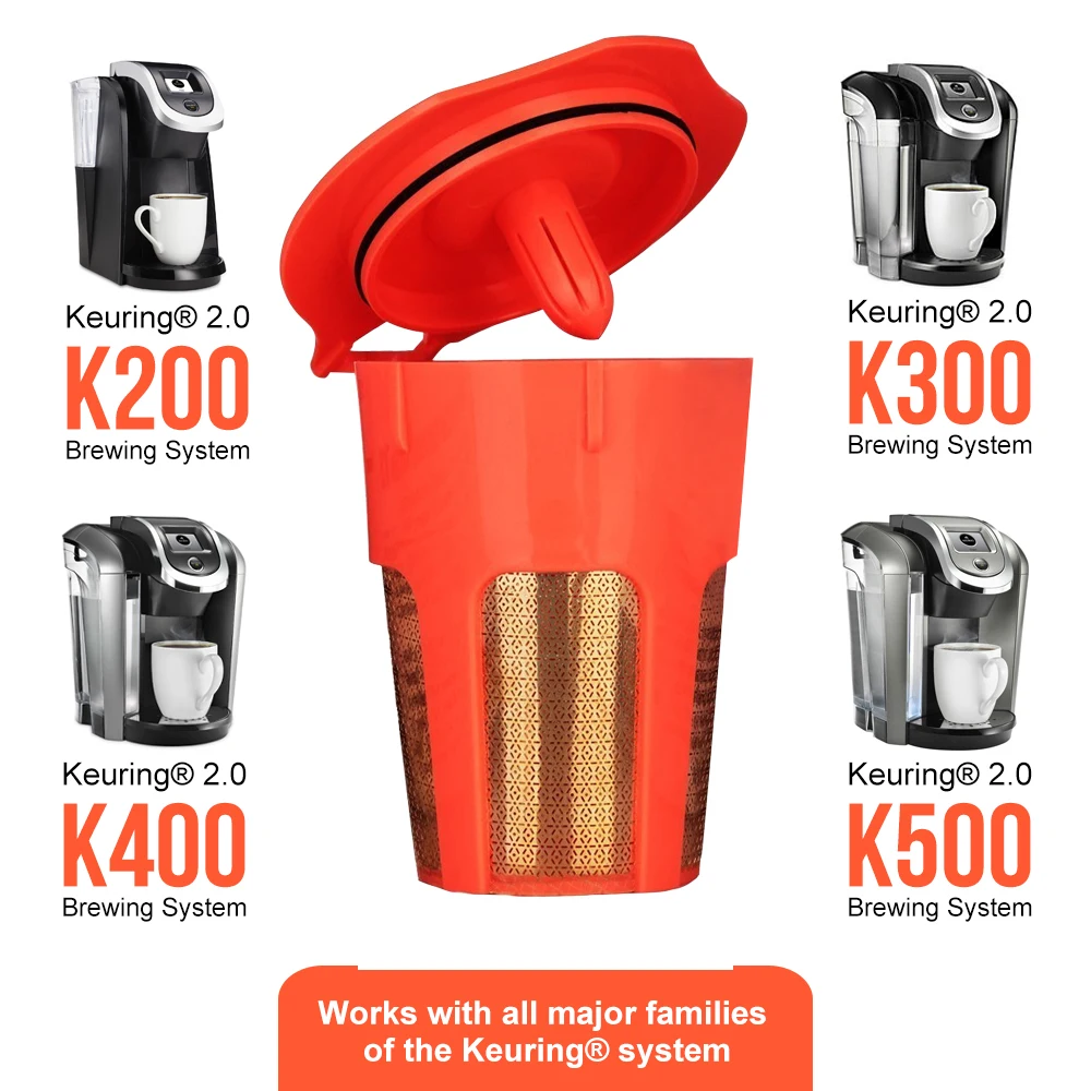 

Reusable K Cups Orange Coffee Filter Pods For Keurig 2.0 Series With Gold Plated Stainless Steel Mesh, 3 Packs