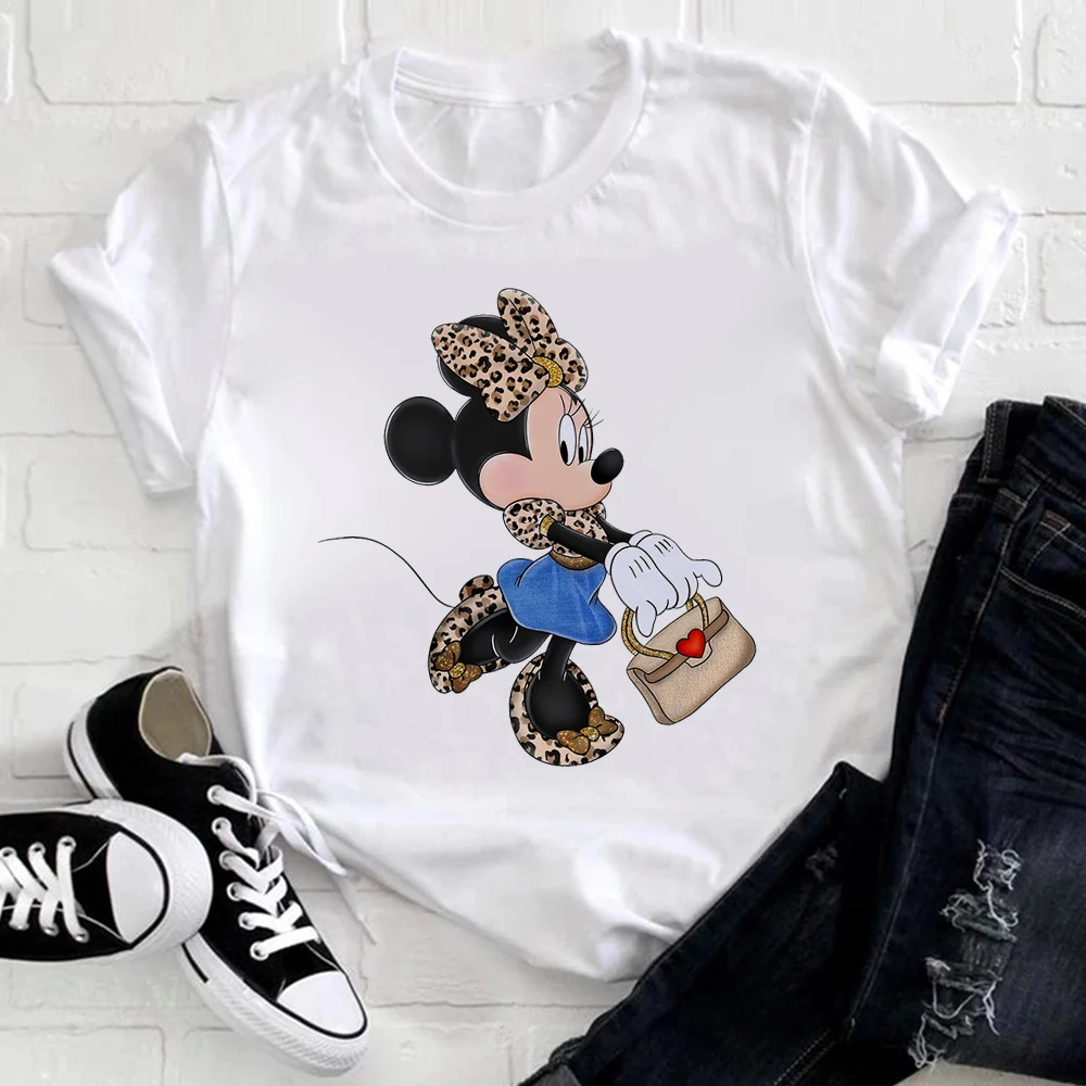 

Disney Kawaii Minnie Print T-shirts Women 90s Harajuku Leopard Fashion Streetwear Female Blouses American T Shirt Wholesale