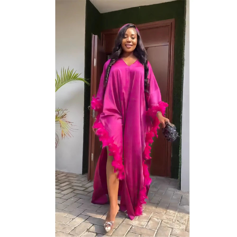 Африканские вечерние платья для моды атласная Абая с перьями женское