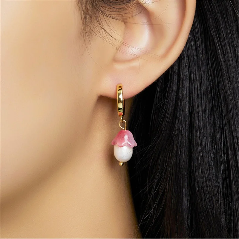 

French Retro Fresh High Design Mushroom Pearl Pendant Earrings Fashion All-Match Commuting Sweet Jewelry Gift Accessories