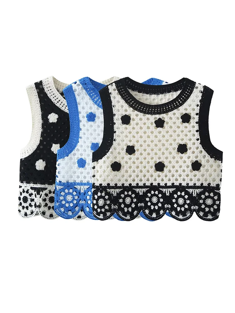 

ZAA Autumn 2022 New Women's Fashion Chic Elegant Round Neck Crochet Flower Retro Casual Hollow Short Lace Knit Versatile Vest