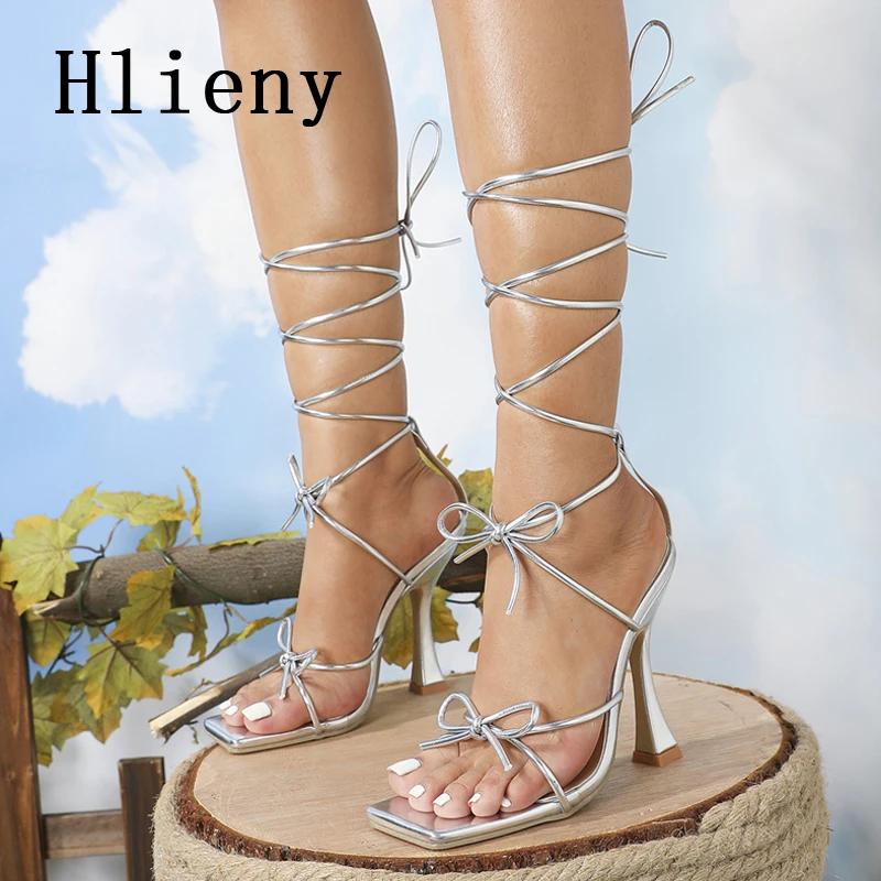 

Hlieny 2023 New Gladiator Square Toe Sandals Women Fashion Butterfly Knot Ankle Lace-up High Heels Summer Party Shoes Silver