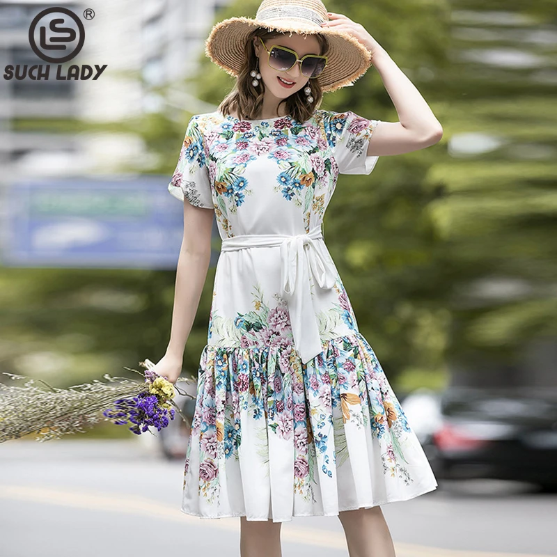 Women's Runway Dress O Neck Short Sleeves Floral Printed Lace Up Belt Fashion High Street Casual Summer Dresses