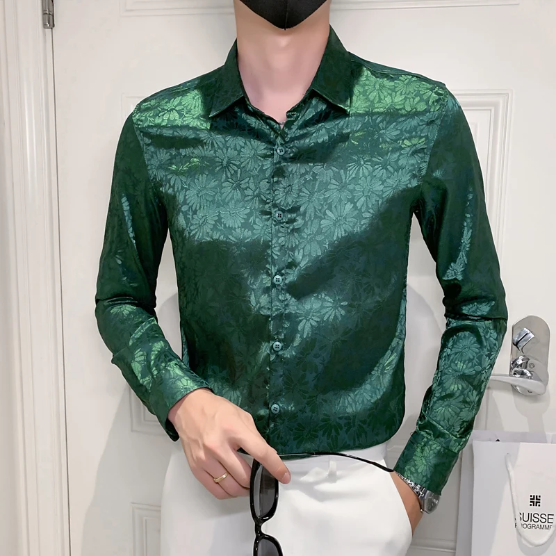 2022 Imitation Silk Men Shirts Autumn Long Sleeve Slim Casual Shirt Business Formal Dress Shirt Social Party Blouse Men Clothing
