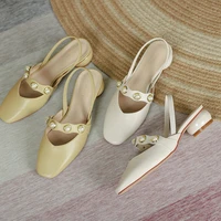 yellow beige sandals for wedding pearls ankle strap round toe leather chunky heel fashion women shoes newest pumps sandales