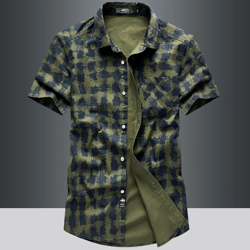 

Рубашка мужская с принтом, повседневная сорочка из чистого хлопка, с короткими рукавами, на пуговицах, дышащая уличная модель, размеры лето