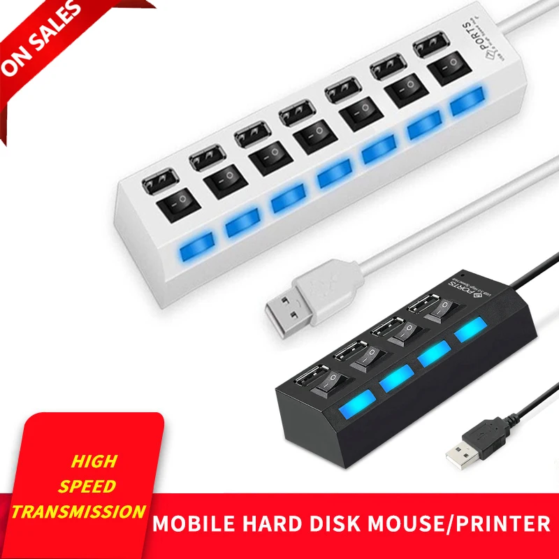 

USB 2.0 Hub USB Hub 2.0 Multi USB Splitter Hub Use Power Adapter 4/7 Port Multiple Expander With Switch 55CM Cable Black/White