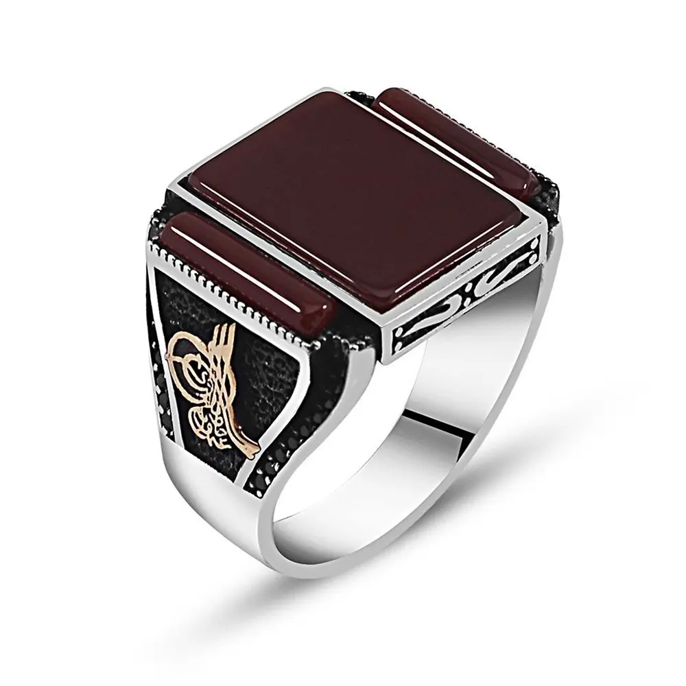 

Tuğra Embroidered Burgundy Agate Gemstone 925 Sterling Silver Men 'S Ring