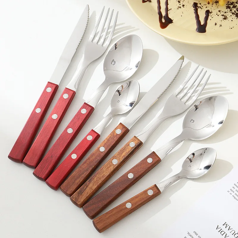 

24Pcs 304 Stainless Steel Dinnerware Set Wood Handle Cutlery Spoon Fork Knife Western Cutleri Silverware Tableware Supplies Gift