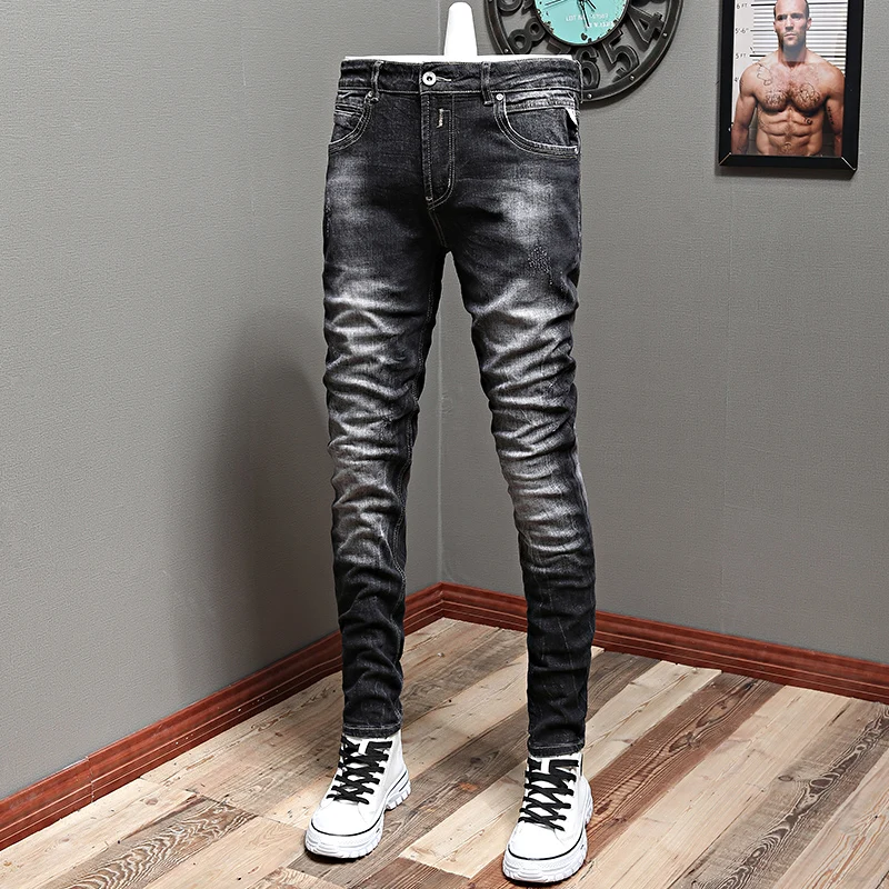 Italian Style Fashion Men Jeans Retro Black Gray Elastic Stretch Slim Fit Ripped Jeans Men Vintage Designer Denim Pants Hombre