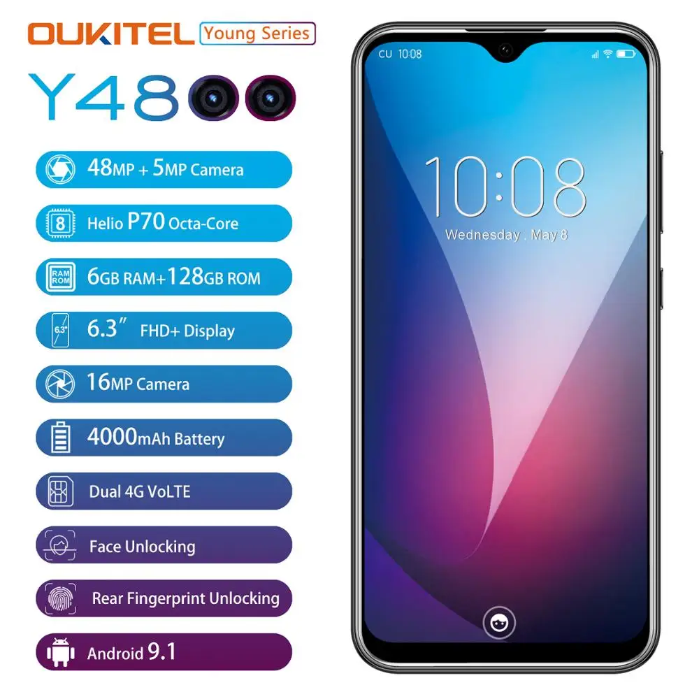 OUKITEL Y4800 Octa Core 6.3inches 6G RAM 128G ROM 12MP LTE FHD+ Android Cellphone 4000mAh 9V/2A Face ID Fingerprint Smartphone