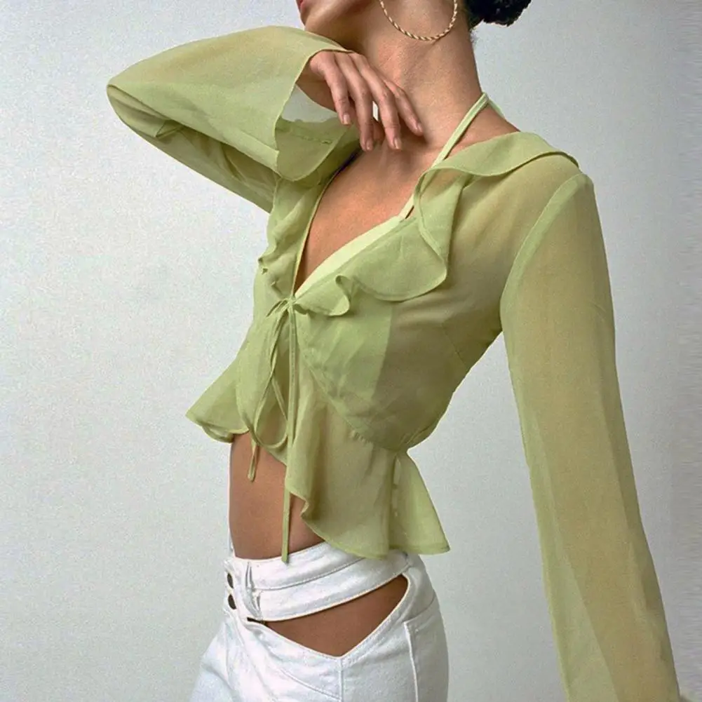

Stylish See-through Net Yarn Crop Top Women Blouse Bandage Long Sleeve