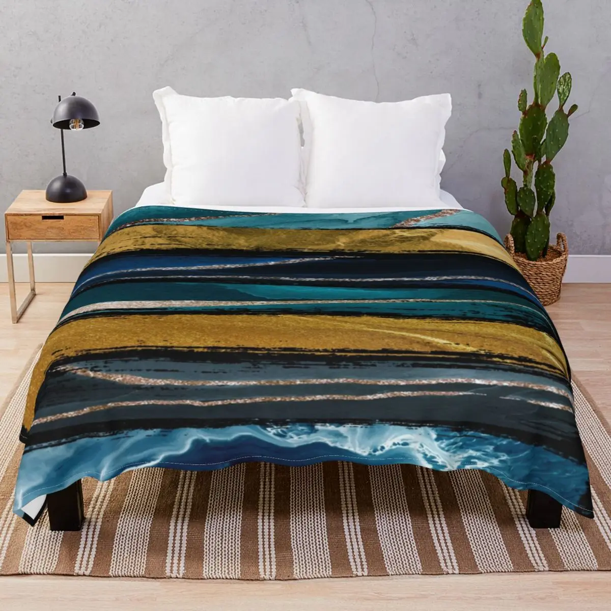 Abstract Teal And Gold Brushstroke Blanket Flannel Plush Decoration Fluffy Unisex Throw Blankets for Bedding Sofa Travel Cinema