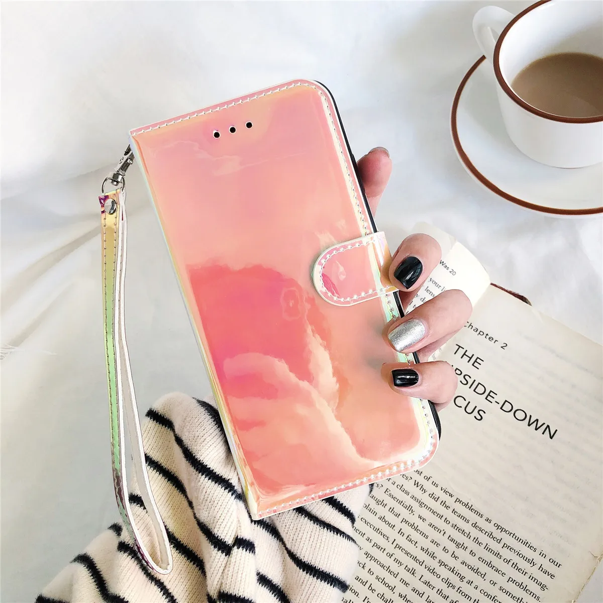 

Yidai-Silu Flip Case Card Holder Kickstand Mirror Wallet Reflective Surface Wristband Magnetic Cover for HuaWei P40 30 Pro