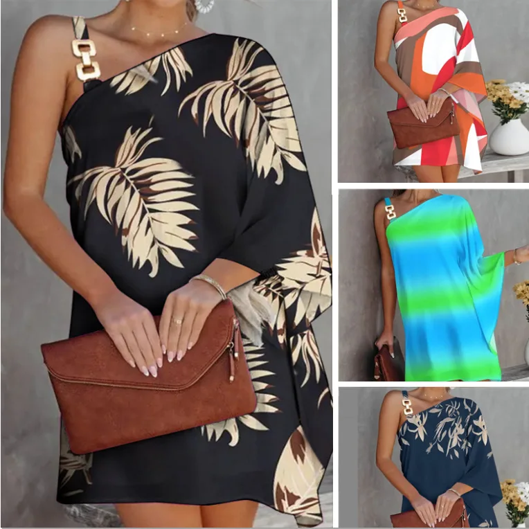 

2022 Summer New Women's Sling Dress Bat Sleeve Off Shoulder Print Sexy Dress