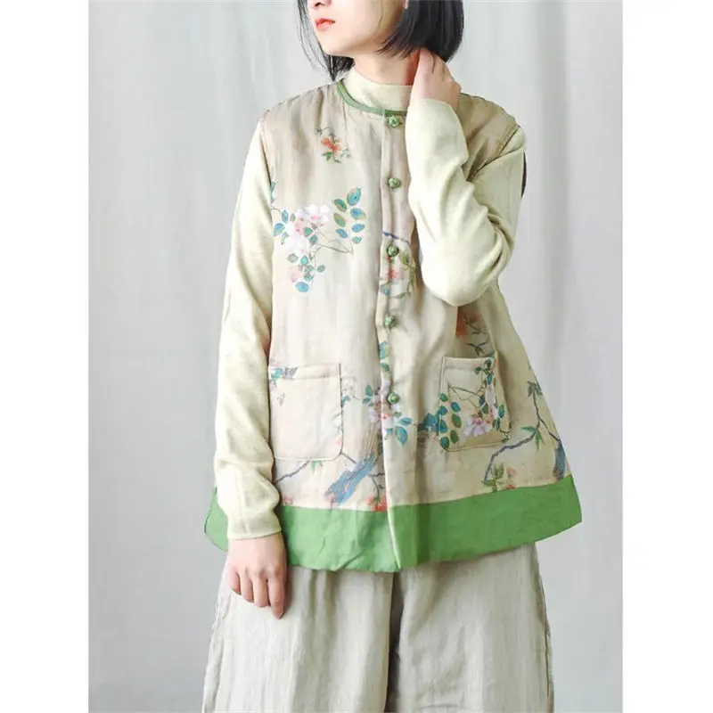 Женская льняная хлопковая куртка в этническом стиле ретро с принтом теплый