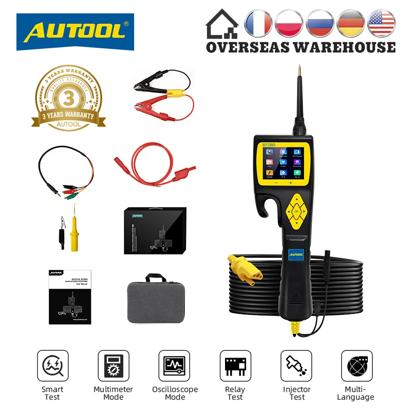 Автомобильный Электрический тестер цепи AUTOOL BT280, тестер электрической системы, датчик мощности, вольтметр, мультиметр, осциллограф, 4 импульса, топливо