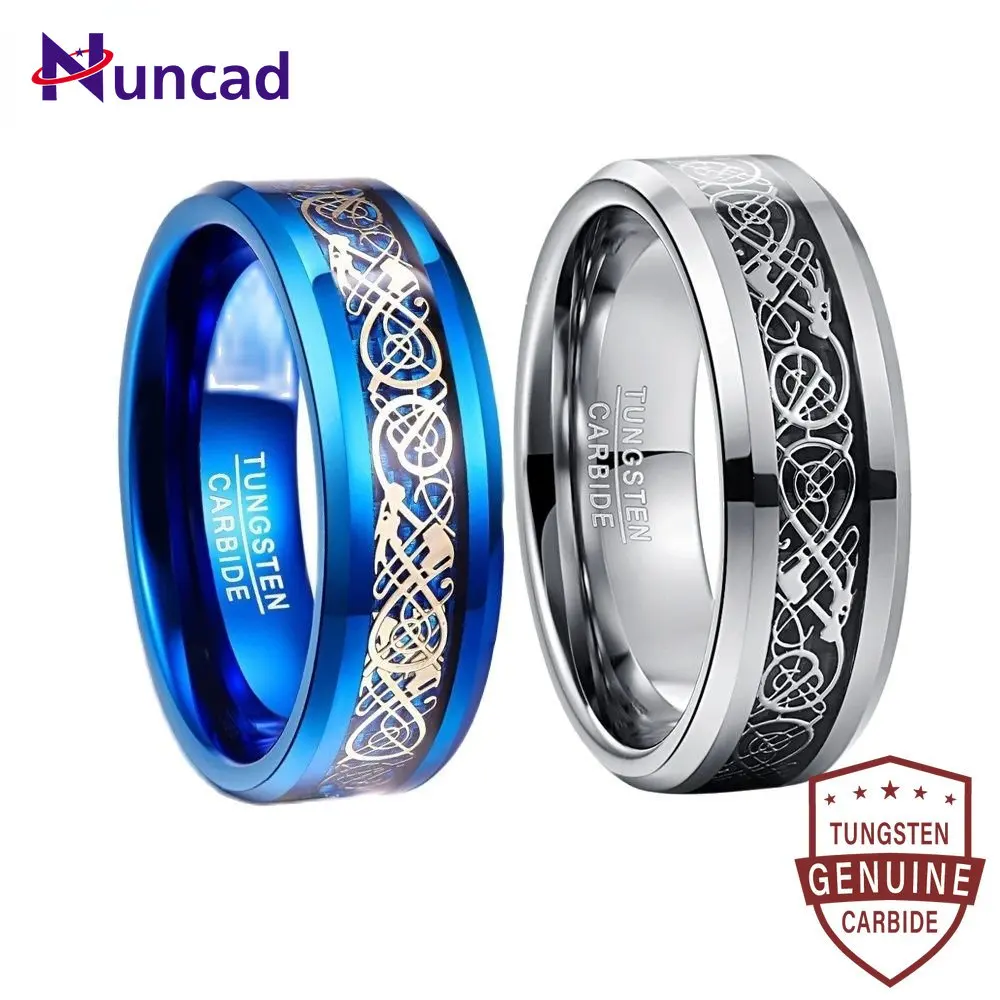 

NANCAD 8mm Men's Ring Celtic Dragon Tungsten Carbide Ring Wedding Band Blue/Black Carbon Fiber Engagement Ring Size 5-14