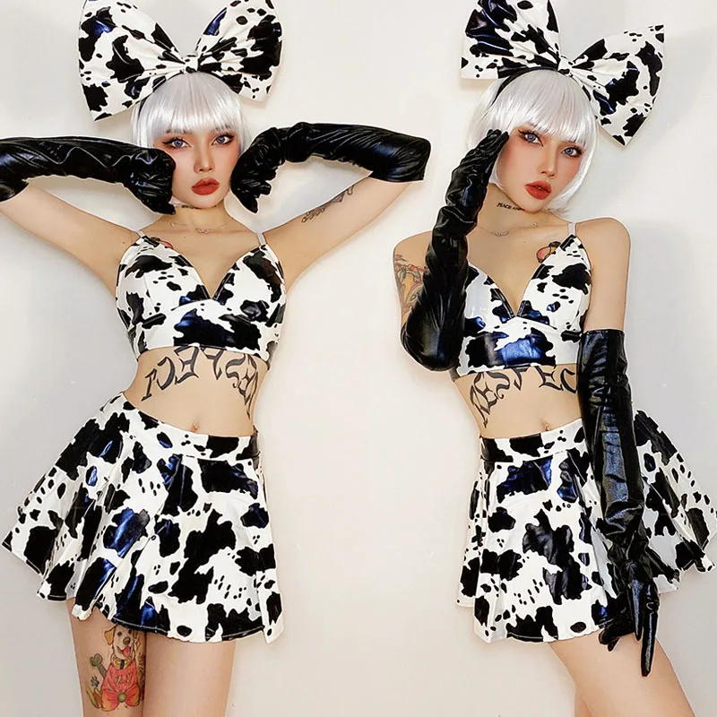 

Новинка 2022, костюм бикини с узором в виде коровы для шеста, женский ночной клуб, певец, сексуальная лакированная кожаная одежда, женский кост...