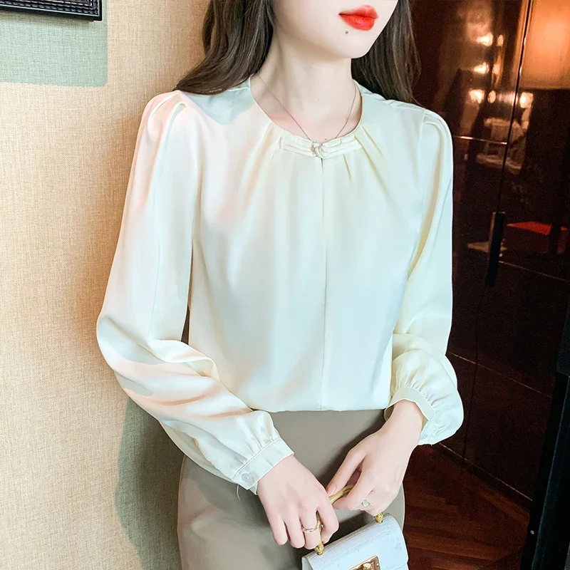 Модная женская блузка с длинным рукавом новая шифоновая круглым вырезом рубашка