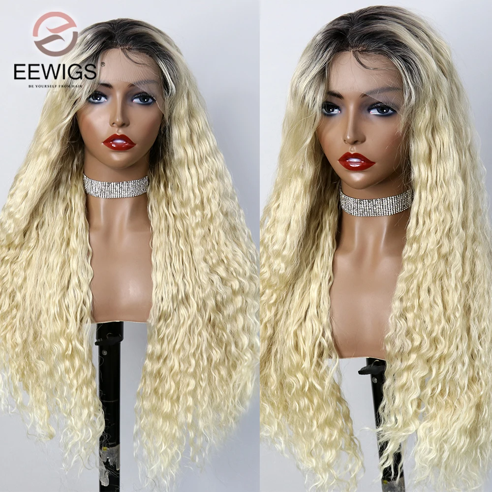 Deep Curly Synthetic Blonde Ombre 30 Inch 13×4 Transparent Lace Front Wig For Women Prepluck With Baby Hair Drag Queen