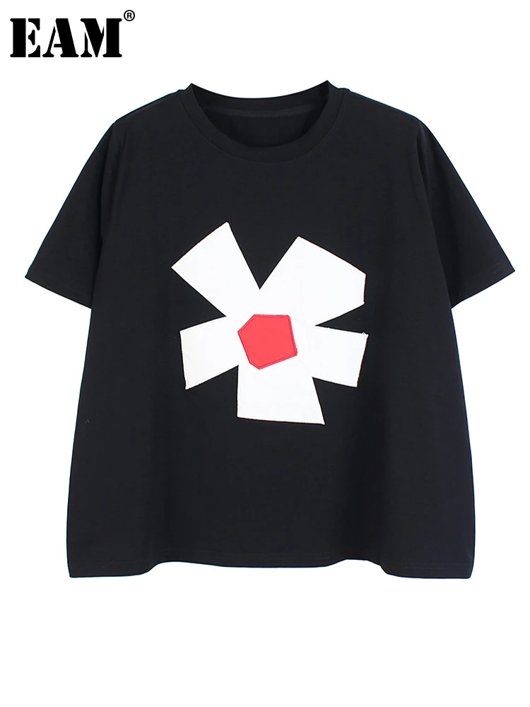 

[EAM] Women Blue Pattern Patch Big Size Casual T-shirt New Round Neck Short Sleeve Fashion Tide Spring Summer 2022 1DE7911
