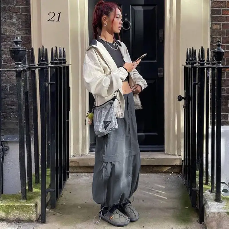 

Lady Cargo Retro Hiking Loose Midi Drawstring Split Casual Slit Zip Skirt