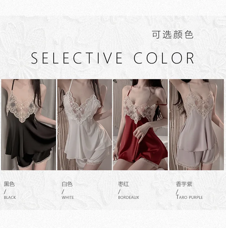 Women Sexy Pajamas Suit V-neck Backless Satin Lace Embroidery Halter Tops Shorts Femme Sleepwear Set Summer Thin Loungewear