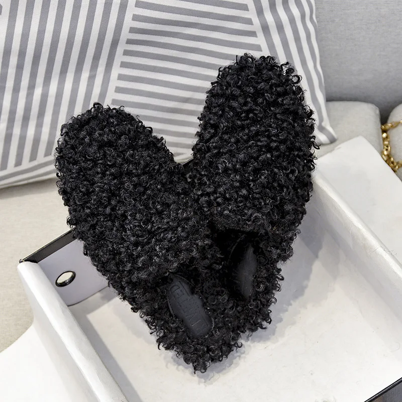 Furry Half Slipper Women Autumn Winter Round Head Plus Plush Flats Lazy Muller Warm Cotton Shoes Large Size 41-44 Women Shoes
