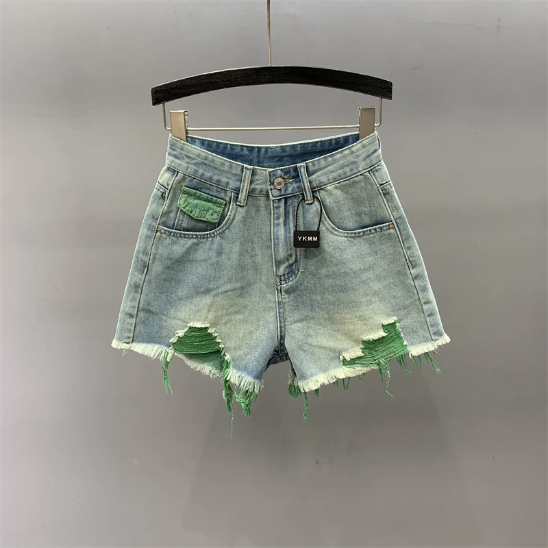 Ripped Denim Shorts 2023 Summer New High Waist Slimming Sense Of Design Contrast Color A-line Wide Leg Hot Pants For Hot Girls