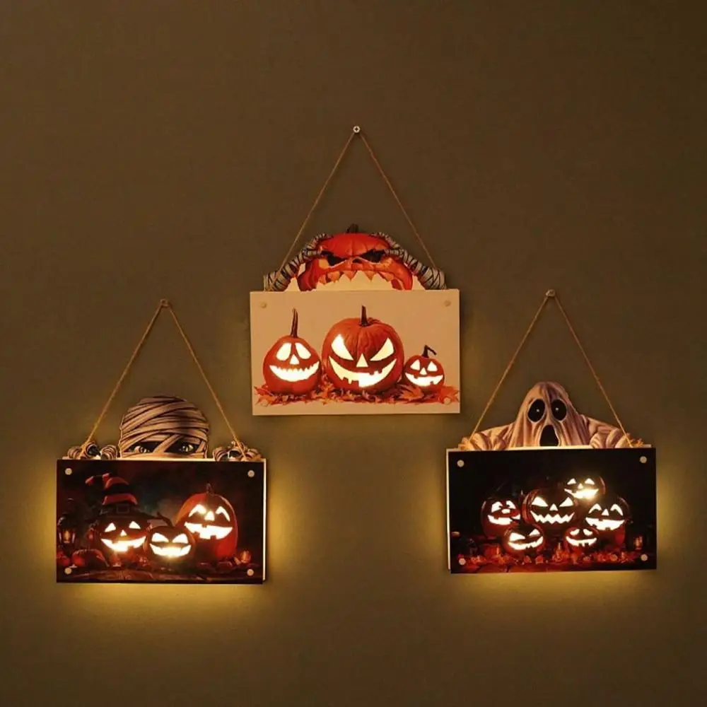 

Quality Wooden Horror Hanging Ornament for Indoor, Outdoor Halloween Door Sign LED Plaques Pumpkin Lamp Halloween Decor